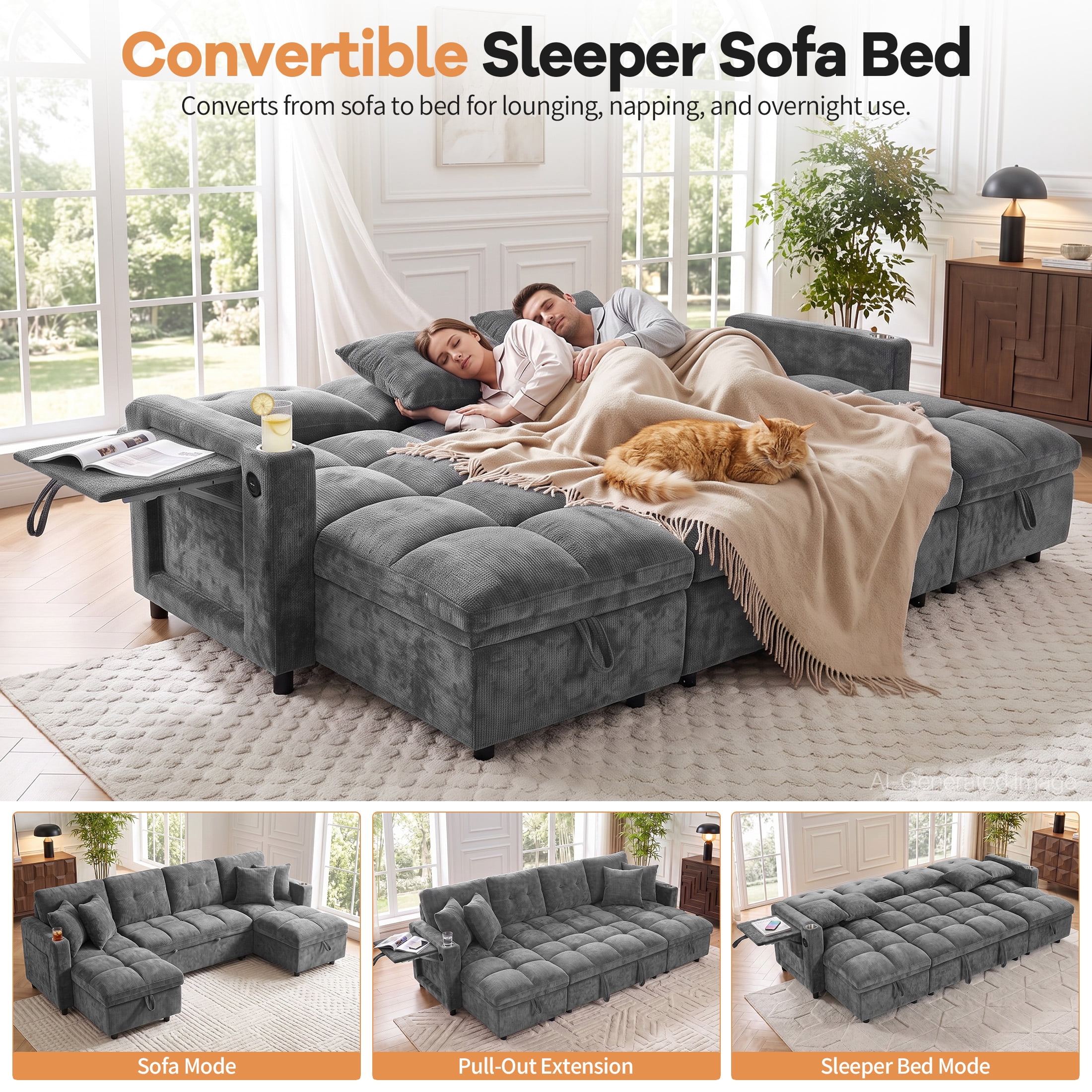 Aenkyo 108" Chenille U-Shaped Sectional Pull Out Sofa Bed with Dual Storage Chaises, Gray