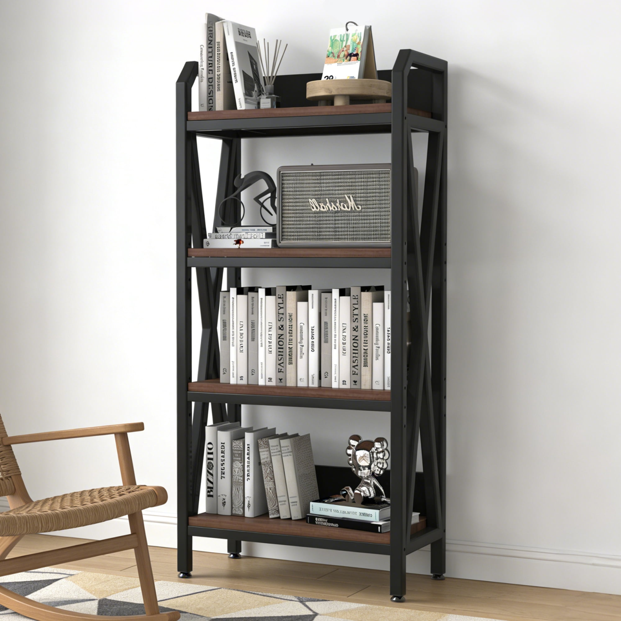 25.6"W Metal Storage Shelves,4-Tier Storage Shelves Metal and Wooden Kitchen Shelves for Garage,Pantry,Kitchen,Black02
