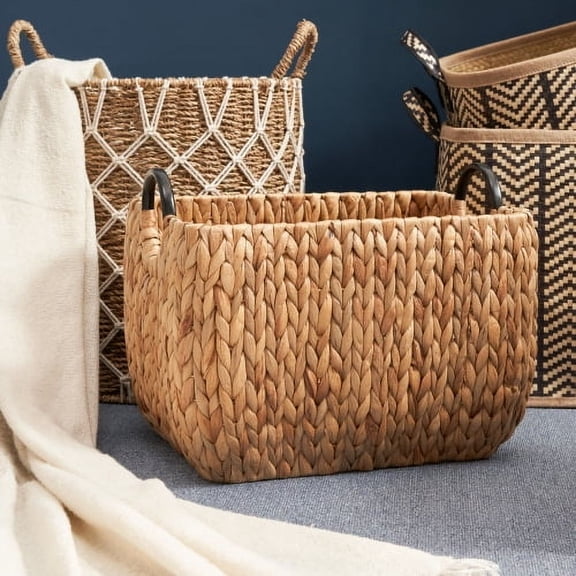 Ludmilla Rectangular Multi Purpose Water Hyacinth Woven Wicker Baskets with Handles - 16" x 12" x 13" - Natural Brown - For Towel, Toys, Magazine and Kitchen Storage