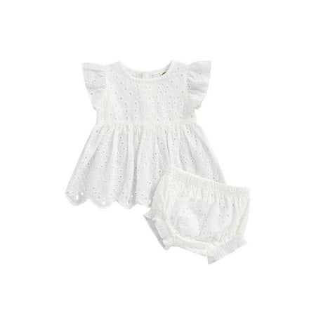 

Bagilaanoe Baby Girls Summer Outfits White Cutout Fly Sleeve Tops Dress and Casual Ruffled Shorts Set