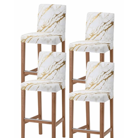 White Gold Modern Bar Stool Covers Set of 4, Abstract Vintage Marble Geometric Stretch Washable Bar Chair Covers with Backs, Removable Pub Counter Height Chair Cover for Kitchen Dining Room Cafe
