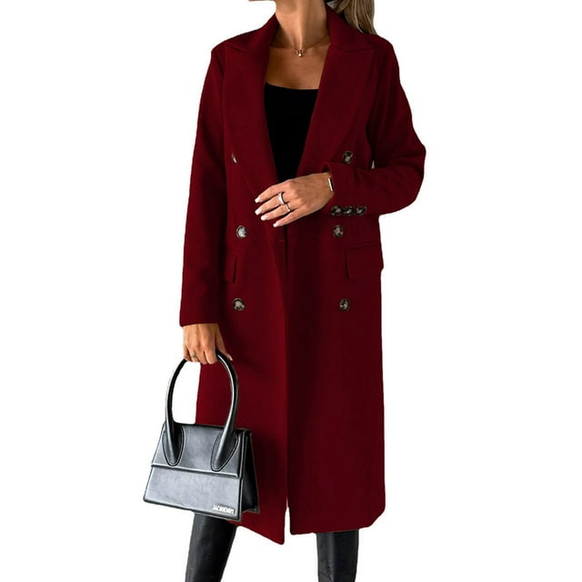 Womens Long Wool Coat Double Breasted Trench Coat Fall Winter Clothes Wine Red XXL