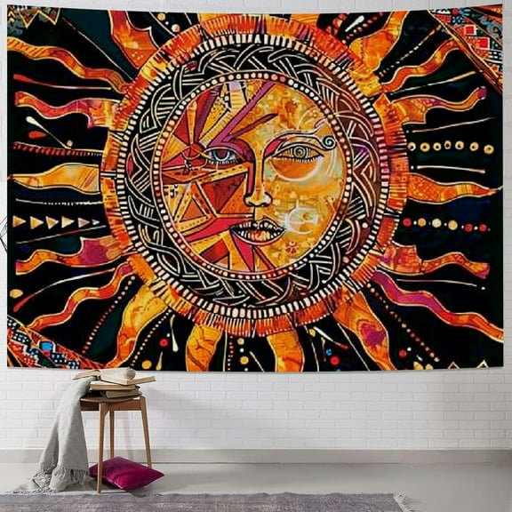 BCIIG Orange Sun and Moon Tapestry Wall Hanging, Indie Hippie Mandala Cool Wall Tapestries, Aesthetic Tapestry for Bedroom Living Room Dorm (Orange, 50'' × 60'') Painting