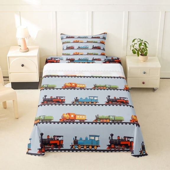 Castle Fairy Cartoon Vintage Train Twin Sheet Sets 3pcs for Kids, Colorful Locomotive Bedding for Bedroom, Blue Red Green