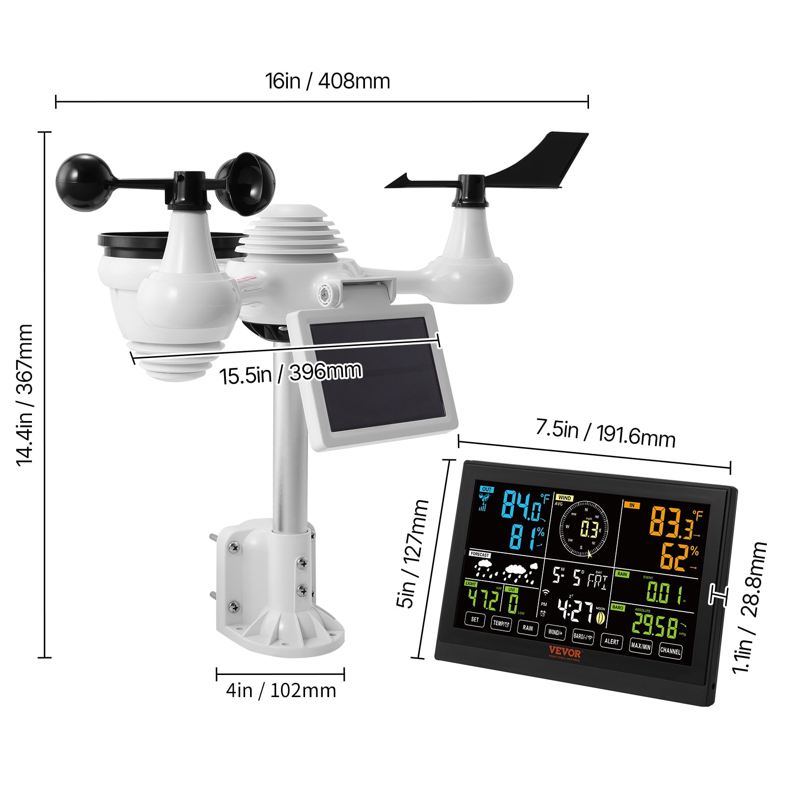 VEVOR 7-in-1 Wi-Fi Weather Station, 7.5 in Color Display, Home Weather Station Indoor Outdoor, with Solar Wireless Outdoor Sensor Alarm Alerts, for Temperature Humidity Wind Speed/Direction Rain