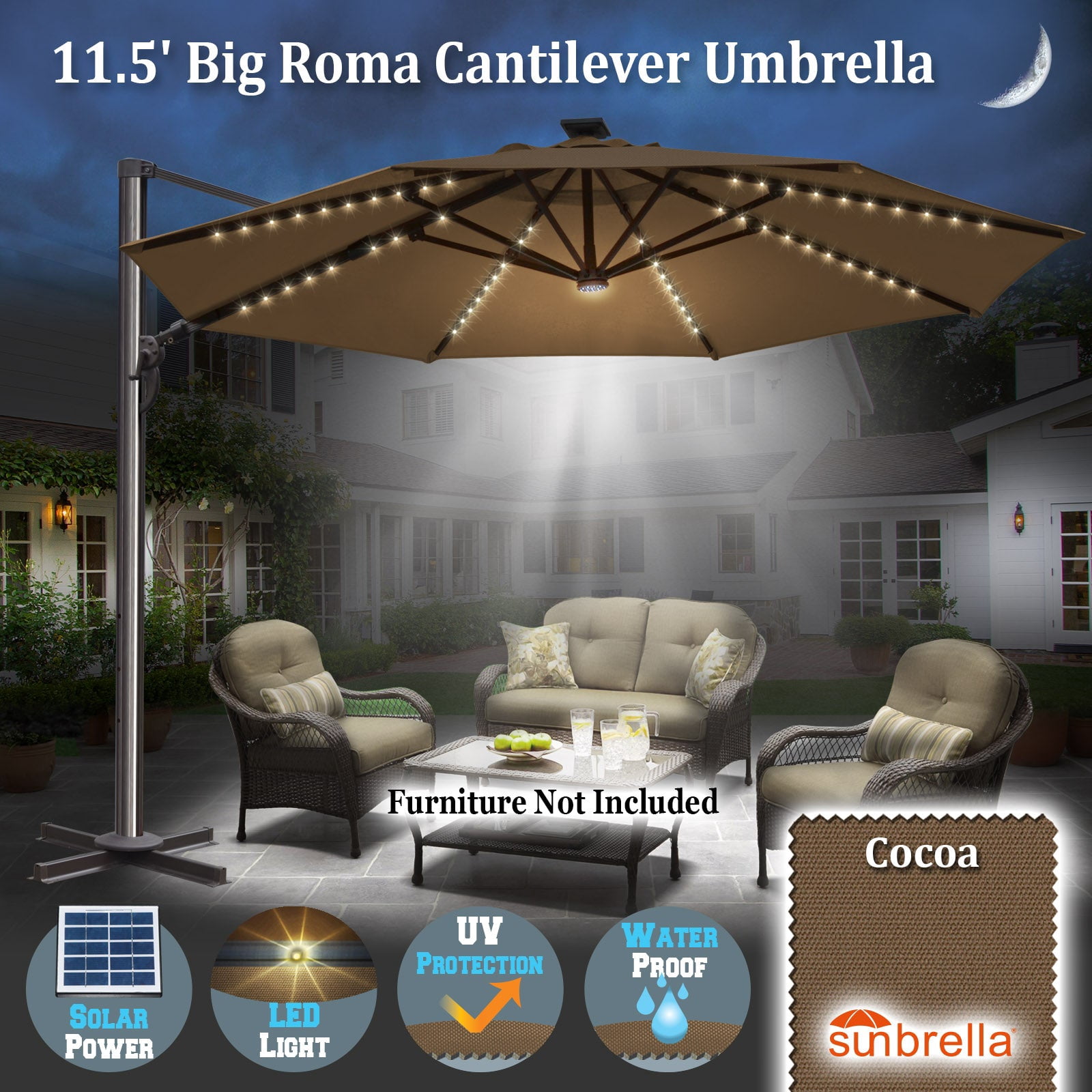 SUNNYOUTDOOR 11.5 FT Sunbrella Umbrella Cantilever Big Roma Umbrella Hanging Offset Parasol UV+ Waterproof Umbrella