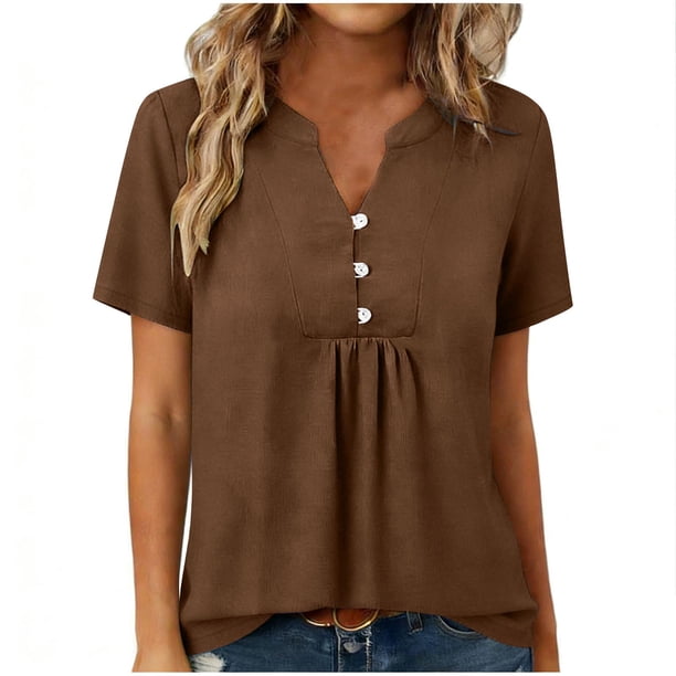 Tops de Manga Corta para las Mujeres Loose Fit V Cuello Botón Blusa Casual Ligero Verano