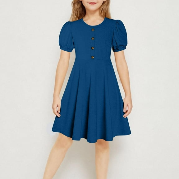 BRGZLK Girls Summer Dresses Trendy Solid Color Round Neck Puff Sleeve A-Line Dress Casual Comfortable Holiday Midi Dress Blue 12-13 Years