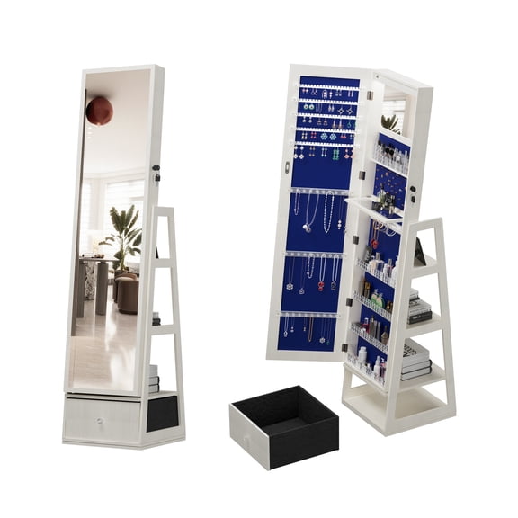 Jewelry Armoire Cabinet with Full Length Mirror and Stand, Lockable Storage Organizer with Interior Lighted Mirror, White
