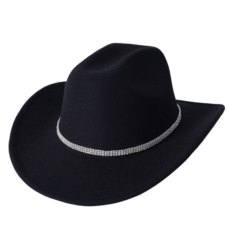 Classic Western Rhinestone Cowboy Hat Wide Brim Felt Fedora Unisex Women Wide Brim Western Cowboy Hat with Rhinestone - Solid  main image 2