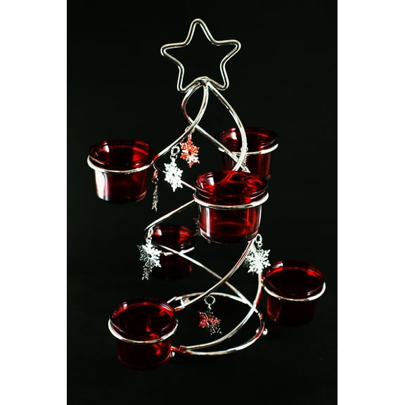 Silver Plated Xmas Tree Star Snow Flakes Candle Holder w/ 6 Red Votive Glass Cups (Without Candle)
