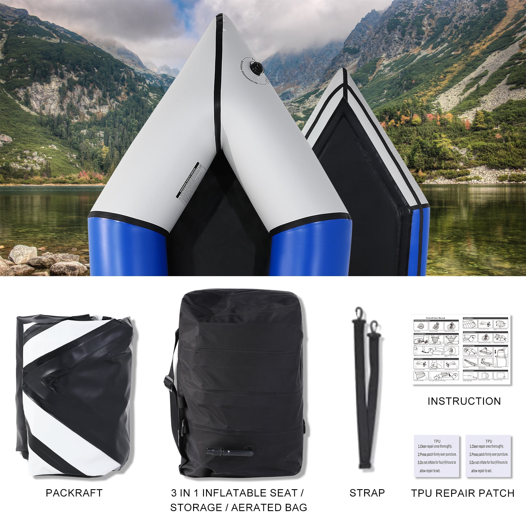Oryxearth TPU Inflatable Lightweight Packrafts,Flat Water Rafting Camping Trip/Fishing/Water Adventures,1 Person