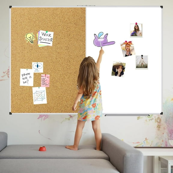 Magnetic White Board and Bulletin Corkboard Combination, 36 x 24 Inch Half Dry Erase & Cork Combo Board for Wall with Aluminum Frame, 3' x 2' Notice Memo Board Tack Pin Board Vision Board