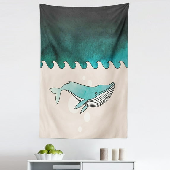 Whale Tapestry, Fish Swimming in the Ocean Pattern Underwater Submarine Illustration, Fabric Wall Hanging Decor for Bedroom Living Room Dorm, 5 Sizes, Petrol Blue Turquoise, by Ambesonne