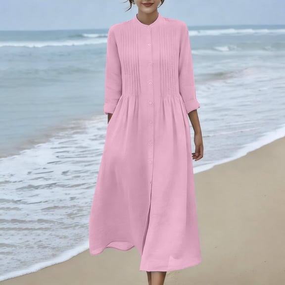 BLTIBY Womens Summer Cotton Linen Beach Dress Flowy Long Sleeve Crew Neck Button Pleated Maxi Dresses Stylish Loose Casual Dress Slit Pink S