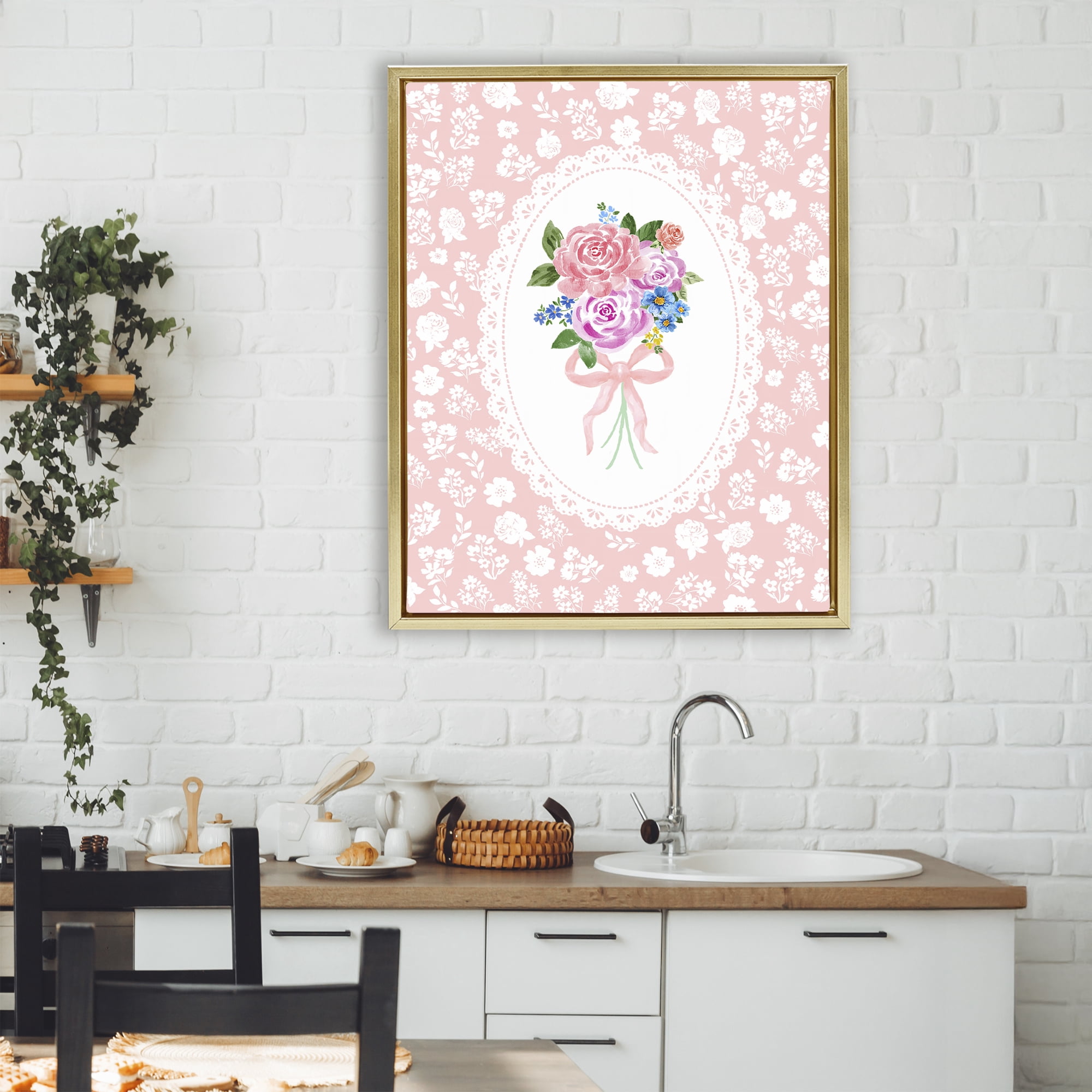 Stupell Industries Peach Feminine Bouquet Gold Framed Floater Canvas Wall Art, design by Corinne Haig