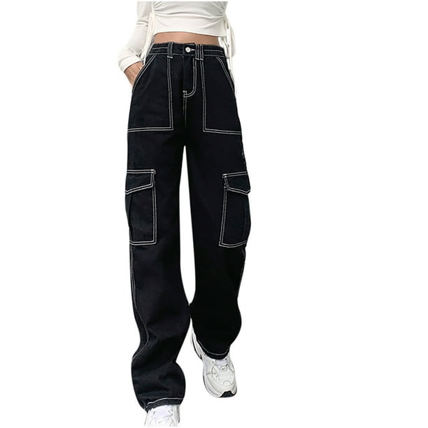 XZNGL Plus Size Fashion Women Fashion Casual Zipper Fly Plus Size Full Length Pocket Cargo Jeans