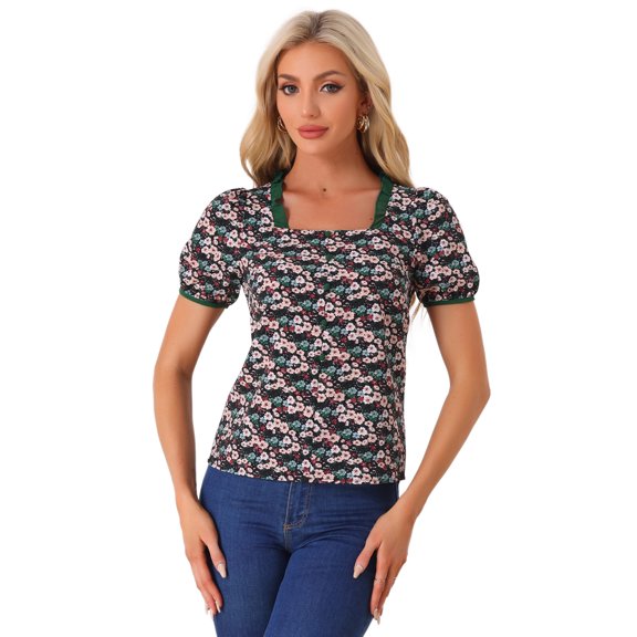 Blusa Campesina Allegra K Cuello Cuadrado Encaje Floral Vintage Mujer Negro Talla S
