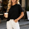 thumbnail image 2 of dazeni Sweaters for Women Ruffle Flare Short Sleeve Knit Crochet Pullover Hollow out Oversized Crewneck Tops Black, 2 of 7