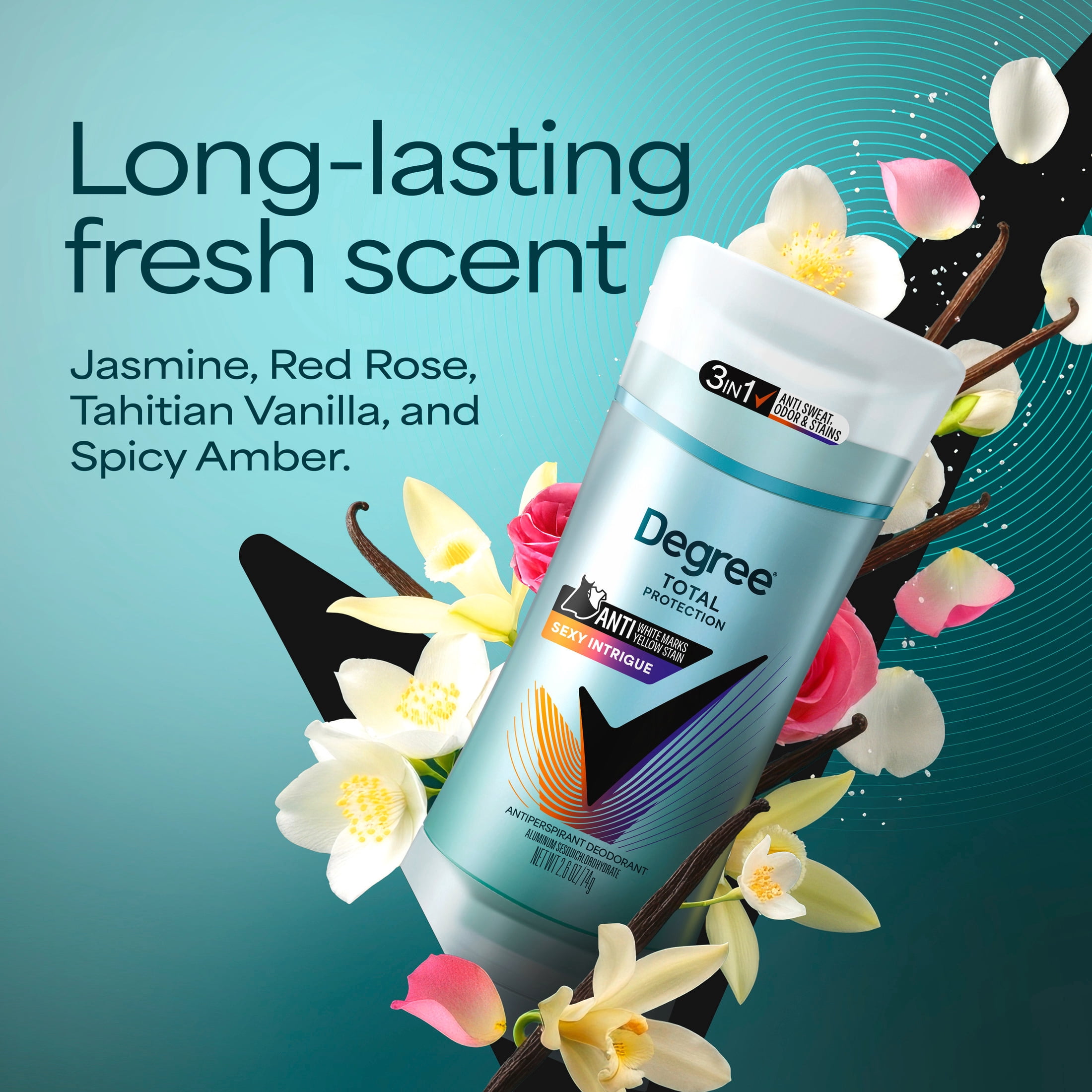 Degree 3 in 1 Antiperspirant Deodorant 72 Hour Protection Sexy Intrigue Against Sweat, Odor and Stains, 2.6 oz