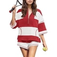 thumbnail image 2 of Lkhaha Womens Workout 2 Piece Outfits Striped Lounge Set Oversized Matching Top and Shorts Tracksuits Red S, 2 of 5