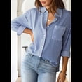 thumbnail image 4 of Camisas de Mujer con Botones, Blusas Clásicas A Rayas de Larga con Cuello y Bolsillo para Oficina. Azul XXL, 4 of 8
