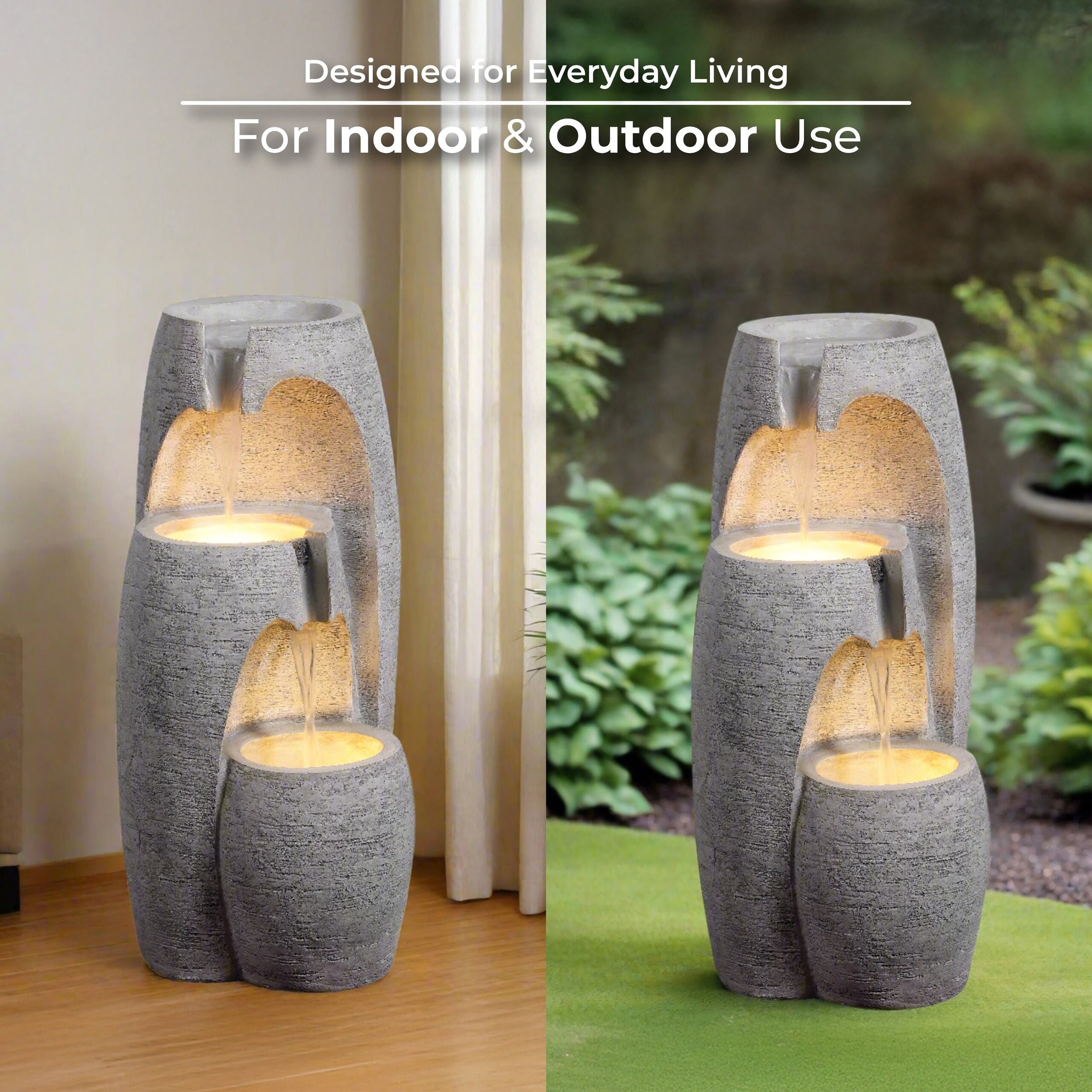 Teamson Home 3-Tier Cascading Urn Outdoor Water Fountain, Warm Glow Lighting with Adjustable Flow & Electric Pump, Gray