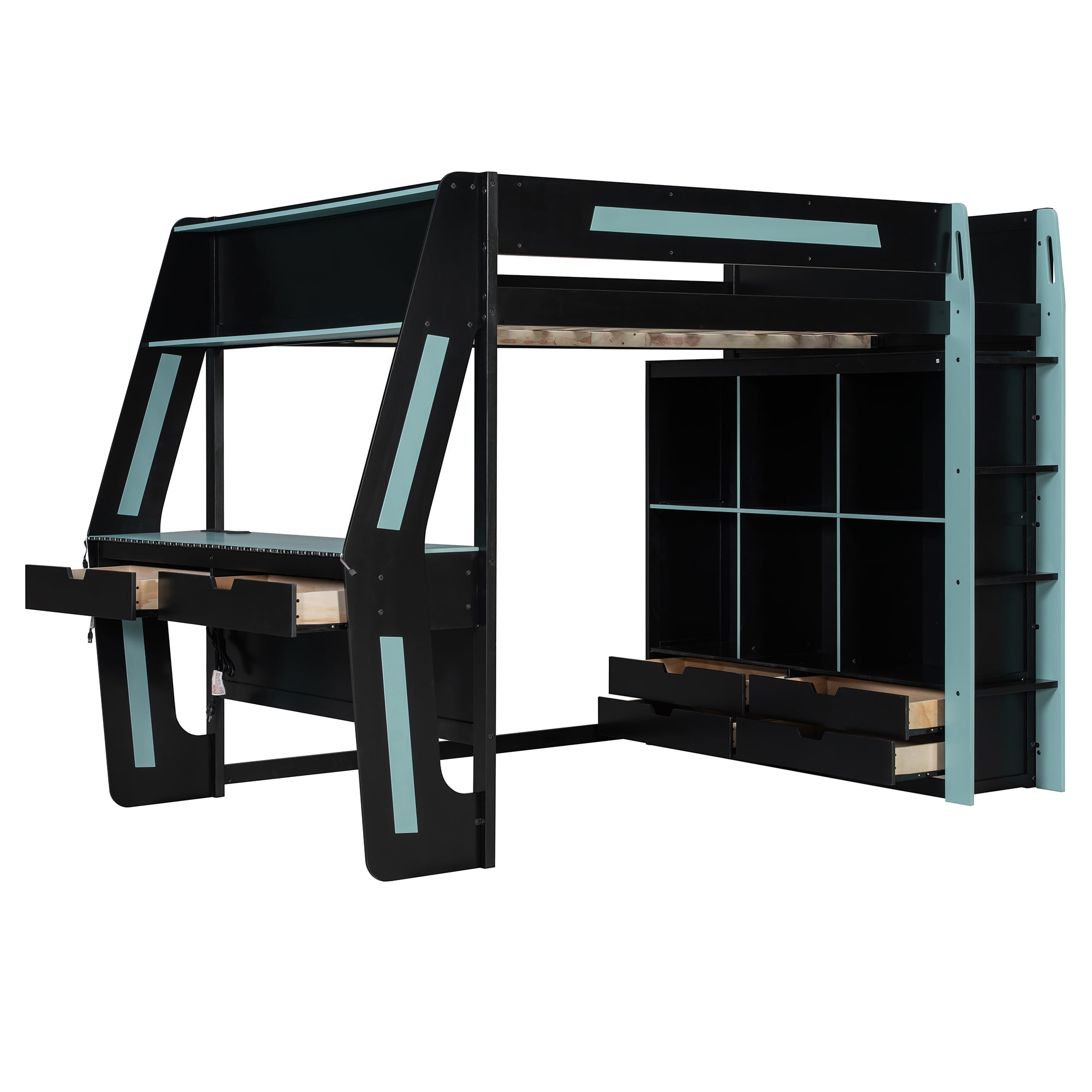 Mintazer Full Gaming Loft Bed with Lights & Desk, Modern Loft Bed with 6 Cubbies & 6 Storage Drawers, Black & Red