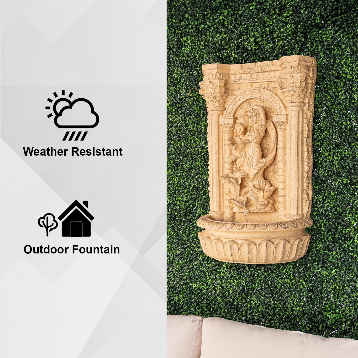 XBrand 30.3" Solar Pot Fountain, Tall Brown Maiden Holding Pot Wall Fountain, Outdoor Water Fountain, Polyresin