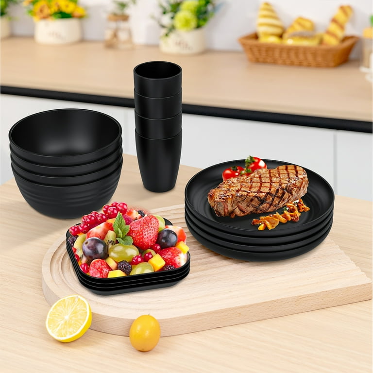 GPED 35 Pieces Wheat Straw Dinnerware Set for 4, Black Camping