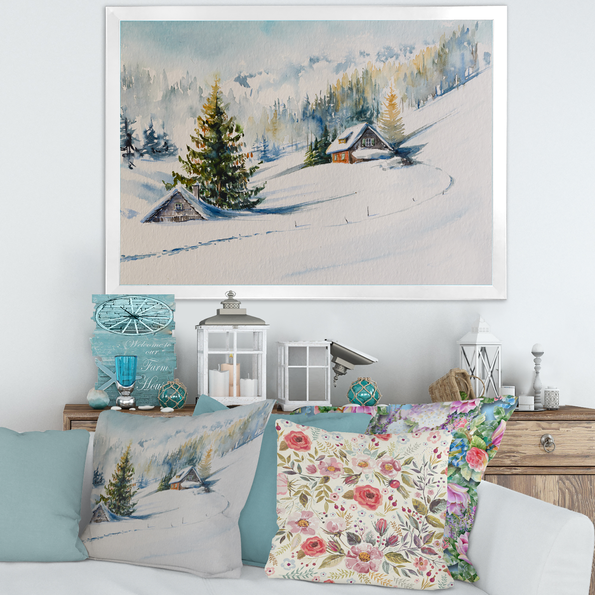 Designart 'The Winter Mountains With Little House' Traditional Framed Art Print