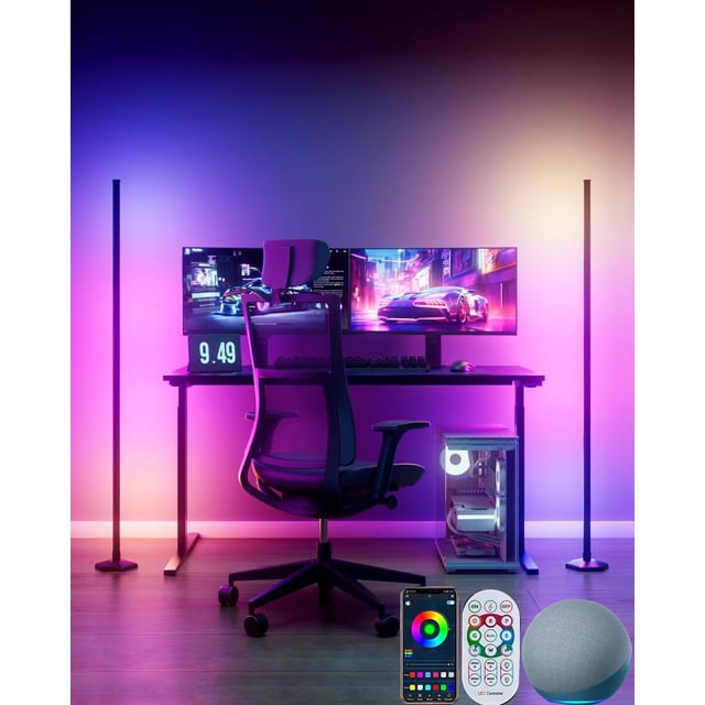 Lampe sur Pied d'Angle, Lot de 2, Compatible avec Alexa et Google Home, Lampe d'Angle DEL RVB Intelligente avec Synchronisation Musicale, Couleurs 16 m, Scène 68+, Contrôle via Application et Télécommande