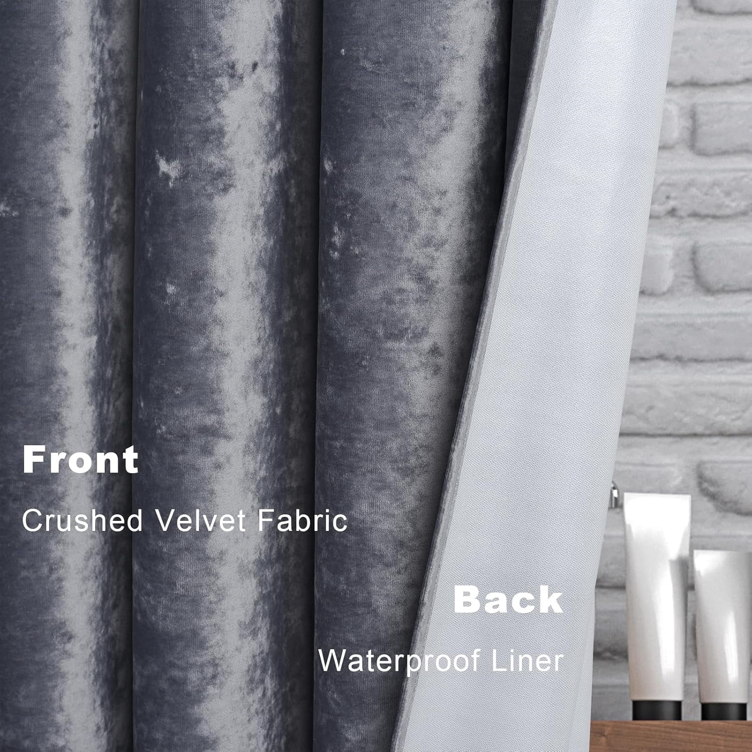 Crushed Velvet Shower Curtain, Grey Shower Curtain for Bathroom, Luxury Shower Curtain Set with 12pc Gold Hooks, Thick Fabric Waterproof 72x72”