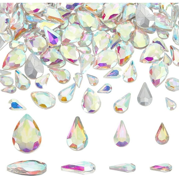 Glass Rhinestone Cabochons Teardrop Flat Back Crystal AB 8~14x3.6~10x2.5~4.5mm 220pcs/set
