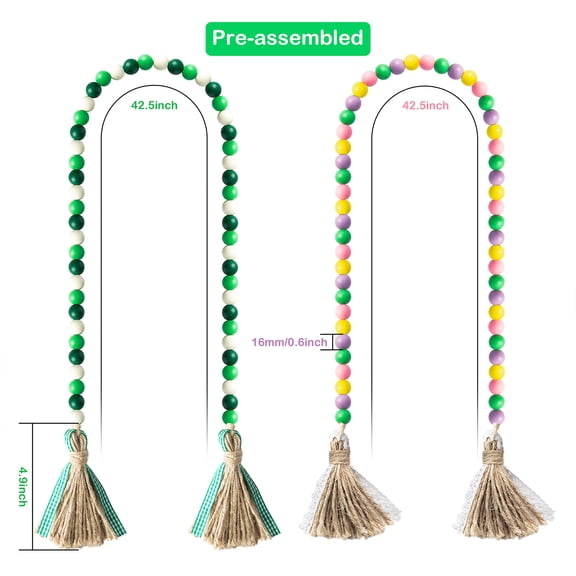 GROBRO7 Easter Wooden Bead Garland with Tassel, Vintage Beads Hanging Ornament for Tiered Tray Wreath Home Decoration, 2Pcs, 42.5 in