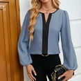 thumbnail image 3 of Womens Tops Dressy Casual V Neck Color Block Business Casual Blouses Long Sleeve Work Shirts Fall Trendy Clothes Blue L, 3 of 8