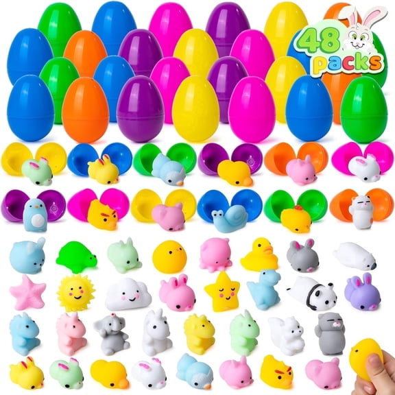 Joyfy 48 Pack Prefilled Easter Eggs with Toys,Mochi Squishy Small Toys for Easter Eggs,Stuffed Easter Baskets