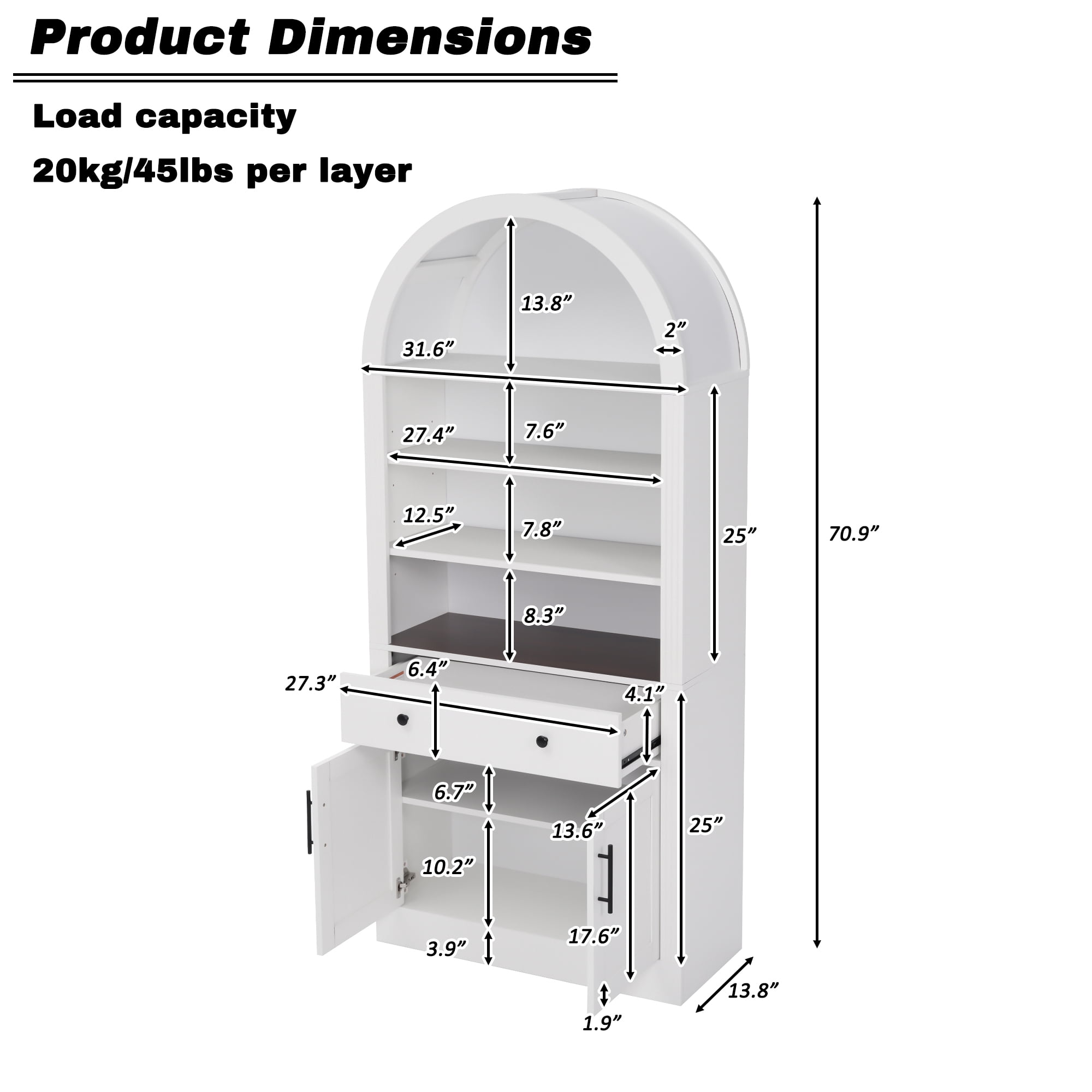 71" Tall Arched Bookshelf with Storage Cabinet, 2 Piece Display Bookcase with Drawer Doors and Adjustable Shelves