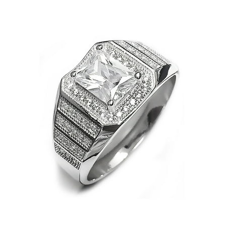 DTLA Mens Sterling Silver Emerald Cut Center CZ Modern Engagement Ring -