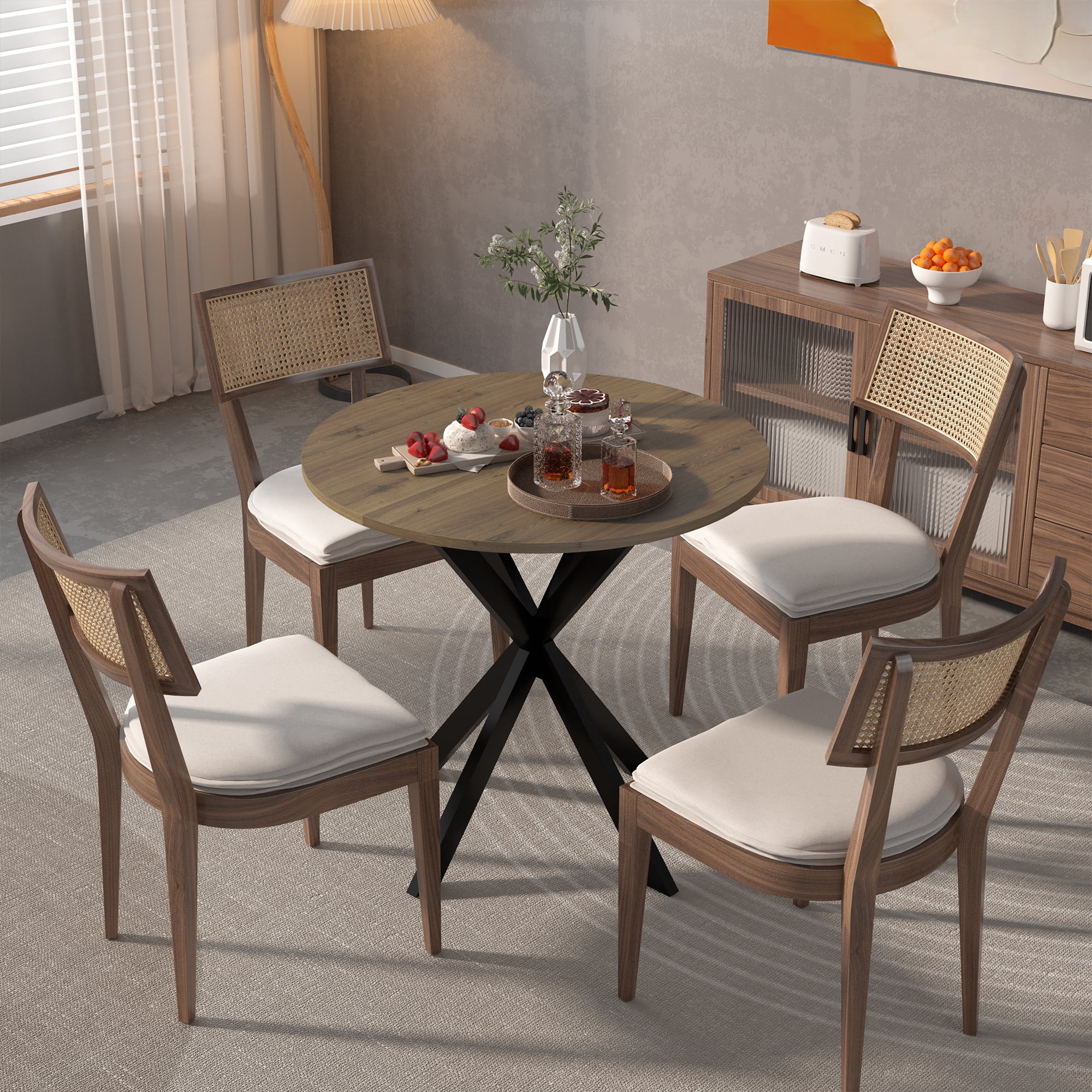 Miniyam 31.5" Round Dining Table for 2-4, Small Kitchen Table with Wood Top & X-Shaped Metal Legs