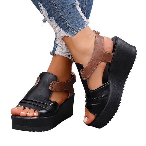 Rokment Wedges Gladiator Sandals for Women Beach Vintage Casual Color Block Leather Peep Toe Ankle Strap Platform Chunky Heeled Slingback Dress Summer Shoes Comfortable Walking Black Size 6