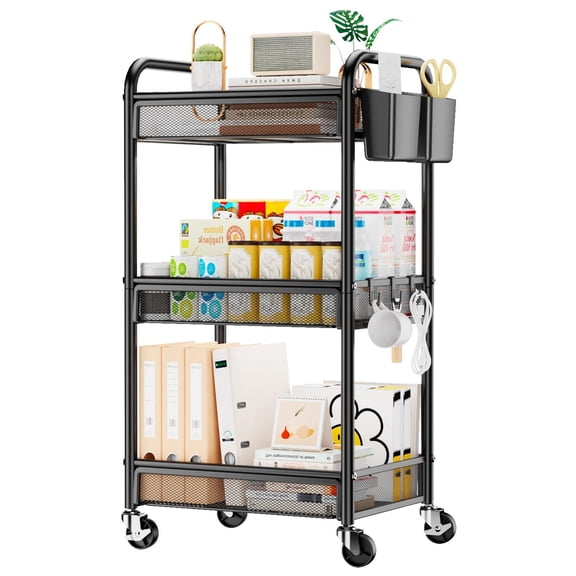 3 Tier Rolling Cart, Metal Utility Storage Cart with Wheels, Craft Cart Organizer with Hanging Cups, Hooks, Mesh Basket for Kitchen, Office, Bedside, Art Supplies