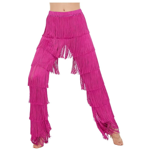 LiiYii Women's Fringe Latin Ballroom Dance Pants Salsa Tango Samba Rumba Dance Performance Hot Pink XXL