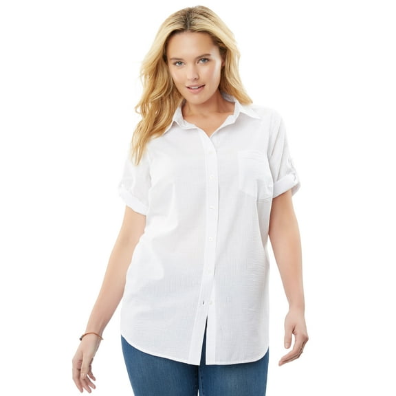 Woman Within Plus Size Short-Sleeve Button Down Seersucker Shirt