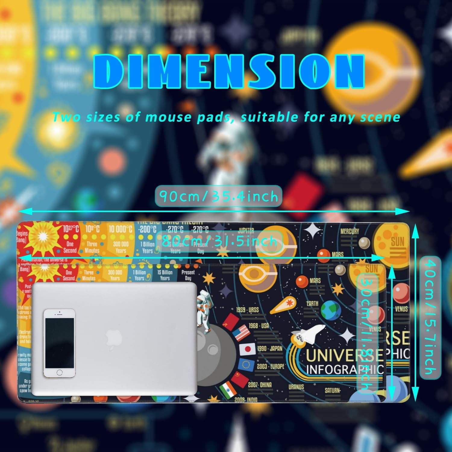 Desk Mat, 3D Solar System Galaxy Infographic Extended Gaming Mouse Pad Large, 35.4"x15.7" Big Mouse Pad with Non-Slip Base and Stitched Edge, Long Computer Keyboard Mouse Mat for Home Office Work