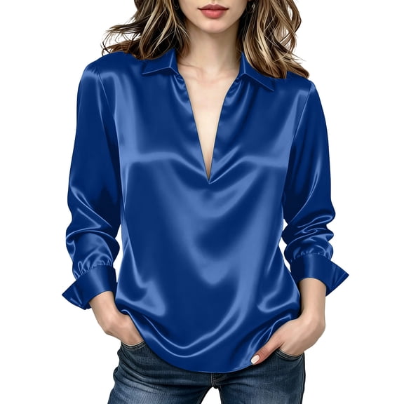 Qgtaibl Women's Satin Work Blouse Collar V Neck Long Sleeve Casual Business Shirts Solid Color Loose Fit Comfy Dressy Tops Blue L