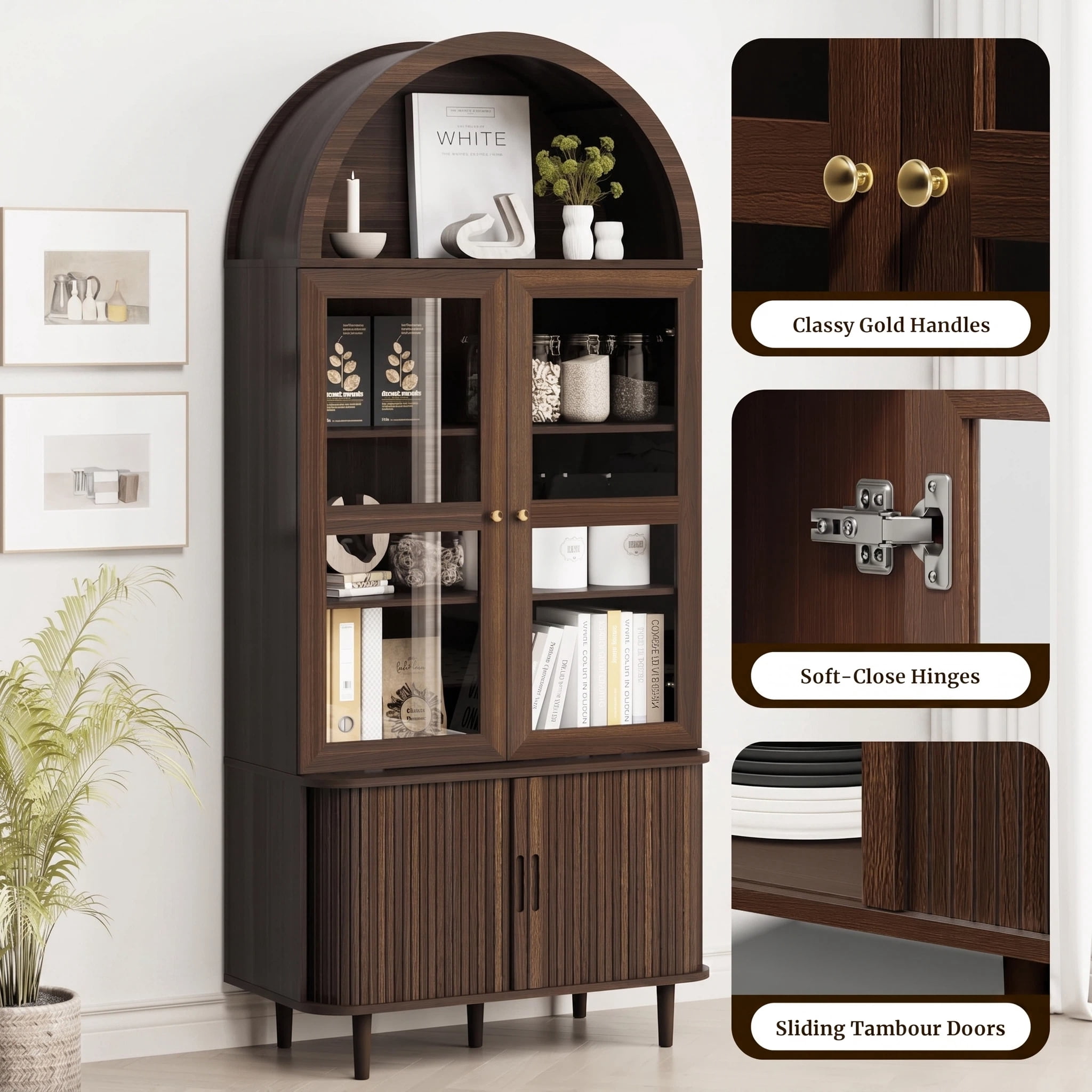 Aisword 71" Tall Arched Bookcases, 5-Tier Modern Farmhouse Bookshelf with Adjustable Shelves & Sliding Doors, Wood Display Storage Cabinet for Living Room, Office, Brown Withdoors