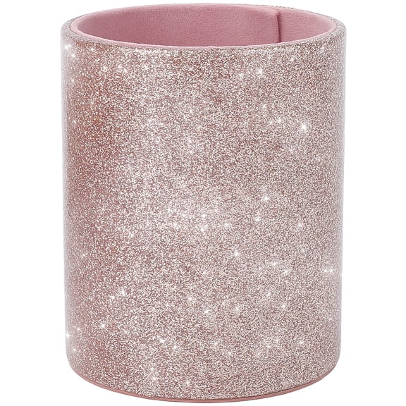 PU Leather Round Pens Holder Shiny Pink Pencil Cup Multifunctional Stationery Container Leather Luxury Glitter Bling Makeup Brush Stroage Box Case Desktop Organizer for Desk Office DIY
