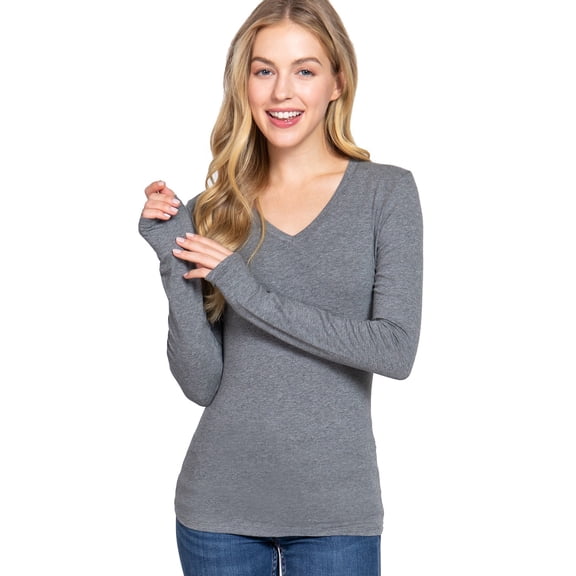 (Active USA) Long Sleeve Plain V-neck T-shirts Cotton/Spandex Junior Size & Junior Plus Size (MH grey/S)