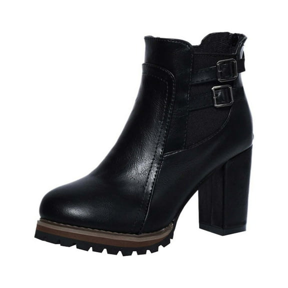 Jsaierl Women's Chunky Heel Ankle Booties Pull On Fall Weather Winter Boots Classic Pointed Toe Side Zipper Booties